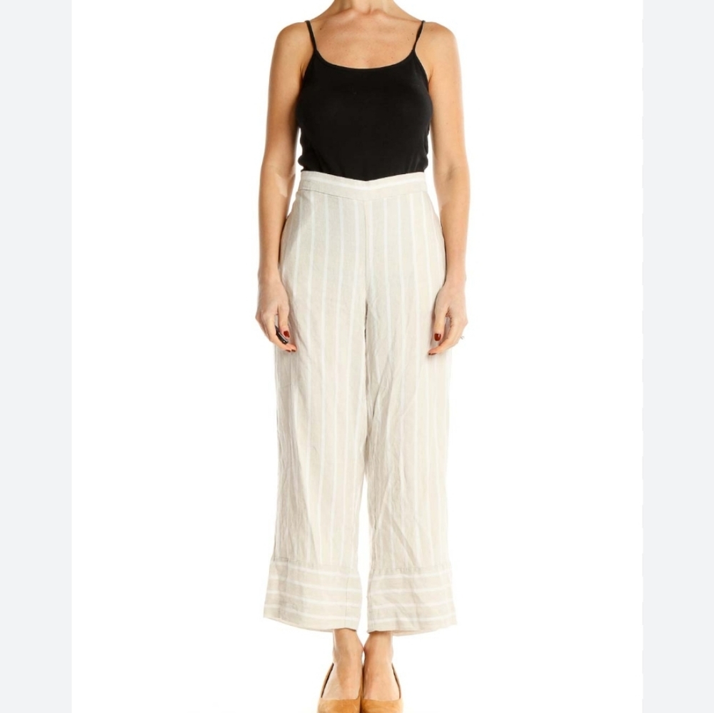 LOFT Wide Leg Cropped Linen Pants Tan and White Stripes